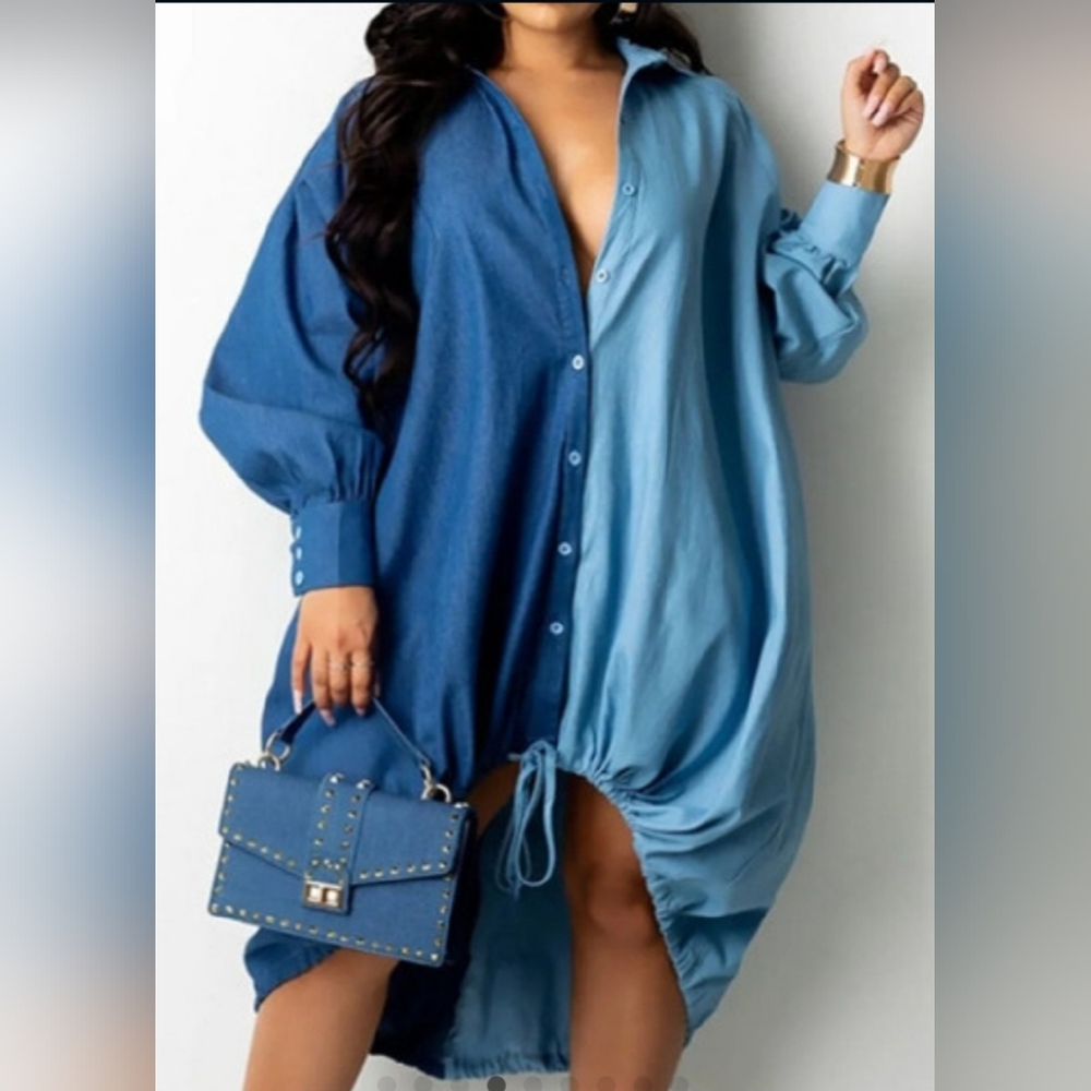 Two-Tone Color Block Button-Up Dress